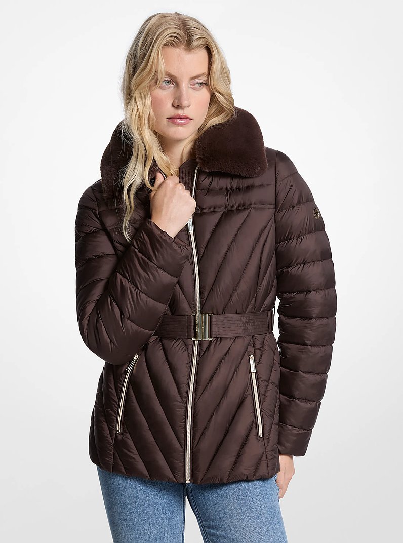 Faux Fur Trim Packable Nylon Puffer Jacket in CHOCOLATE | Michael Kors