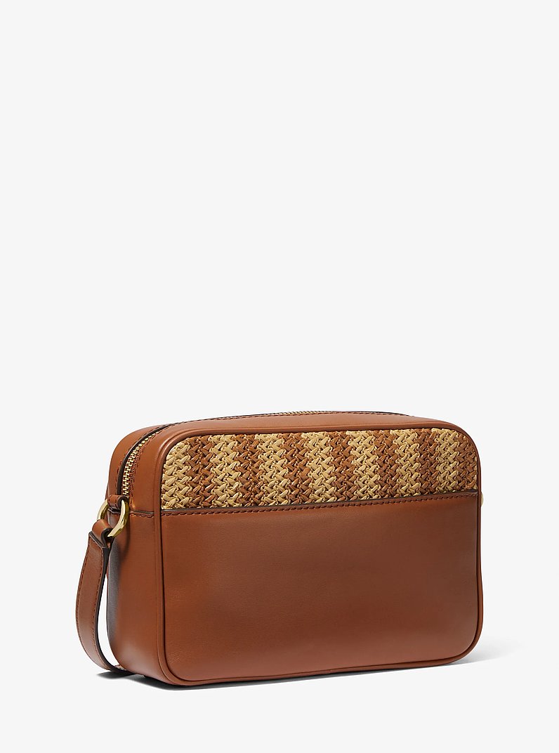 Parker Medium Striped Straw and Leather Crossbody Bag