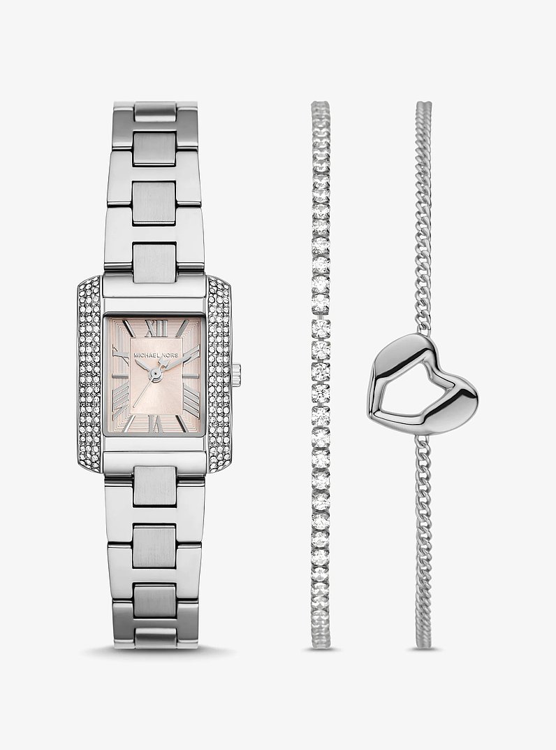 Mini Emery Silver-Tone Watch and Bracelet Gift Set in SILVER | Michael Kors