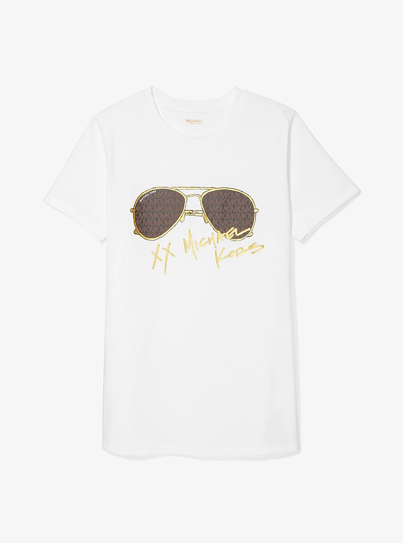 Camiseta de algod&oacute;n org&aacute;nico con estampado de gafas de aviador con logotipo in BLANCO | Michael Kors