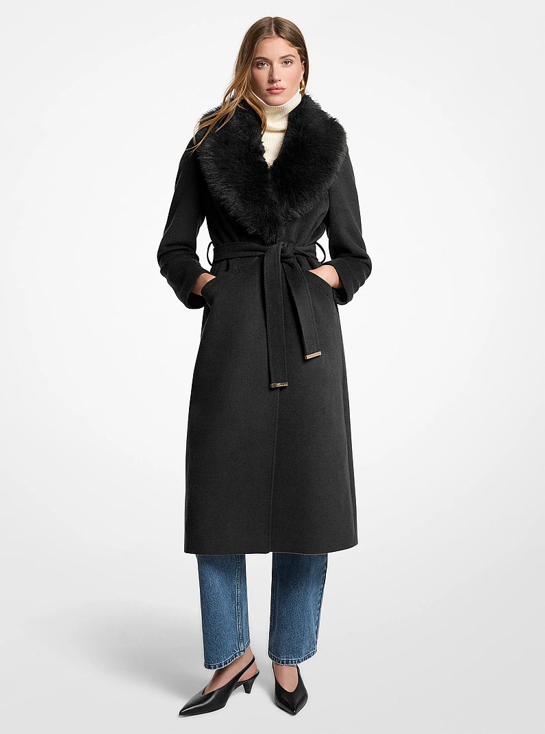 Manteau en m&eacute;lange de laine bord&eacute; de fausse fourrure in NOIR | Michael Kors