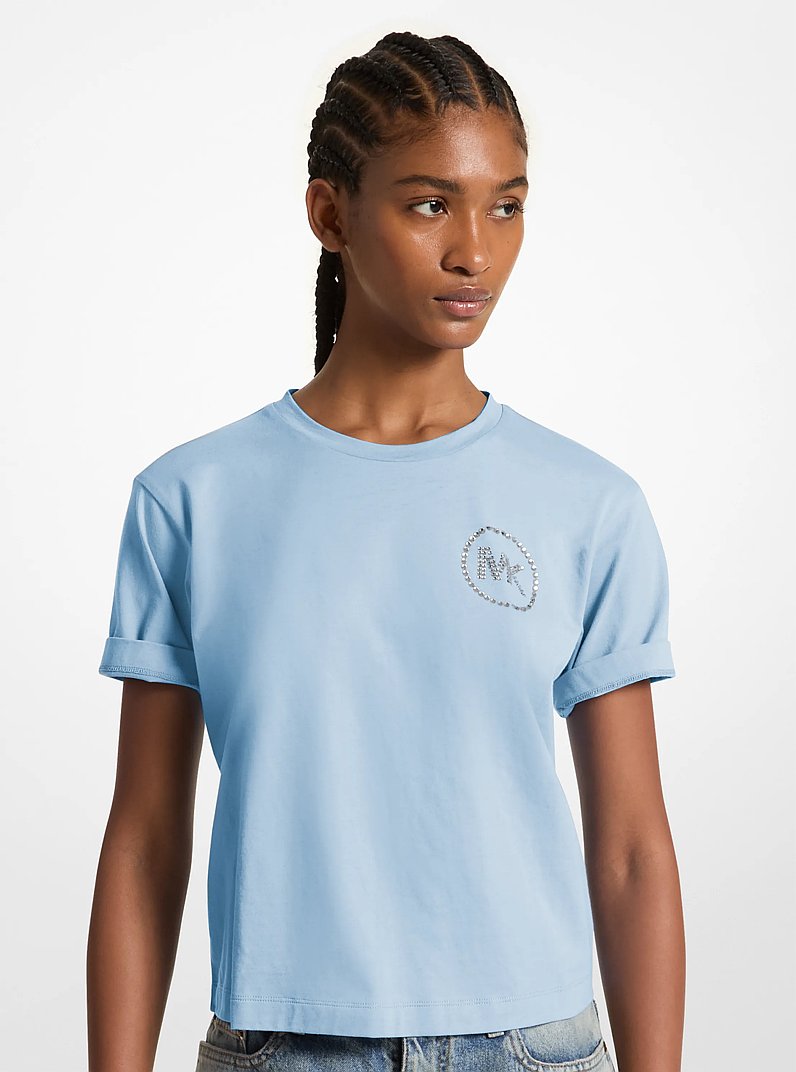 Embellished Logo Organic Cotton T-Shirt in SHOREBLUE | Michael Kors