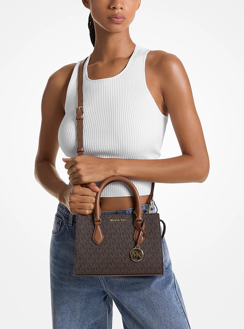 Sheila Small Signature Logo Satchel in BROWN | Michael Kors