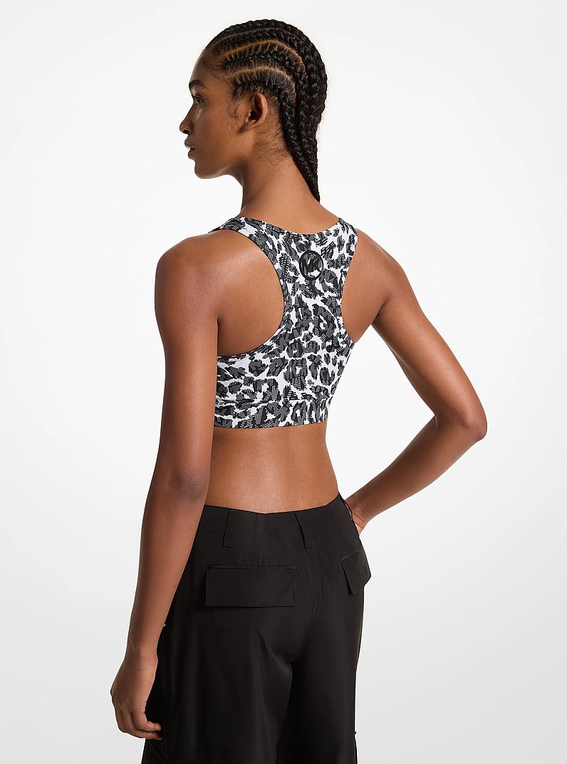Stretch Recycled Nylon Leopard Logo Sports Bra in ALUMINUM | Michael Kors