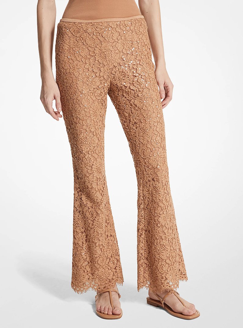 Hand-Embroidered Sequin Floral Corded Lace Cropped Pants in TOSTADO SUAVE | Michael Kors