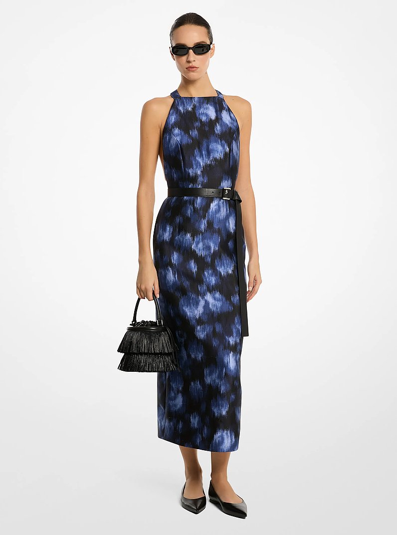 Abito con scollo all'americana in shantung di seta e lana chin&eacute; con motivo floreale in RIVIERA/NERO | Michael Kors