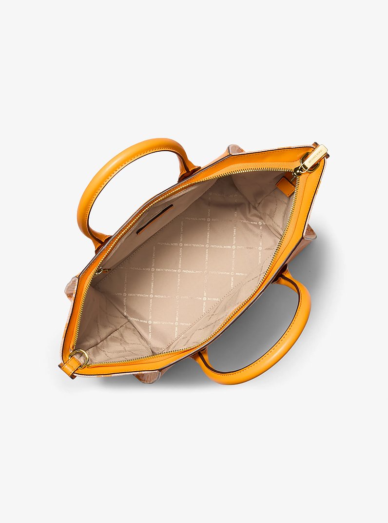 Avril Large Leather and Logo Jacquard Satchel in POP ORANGE | Michael Kors