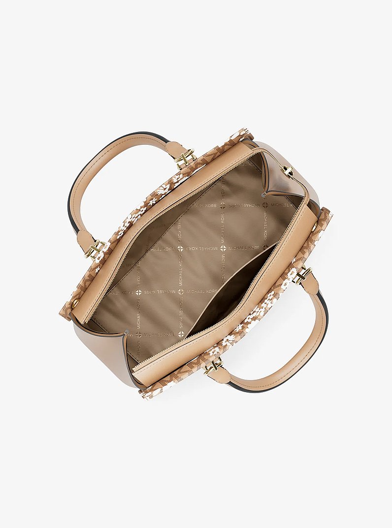 Marilyn Medium Printed Signature Logo Satchel in CAMEL | Michael Kors