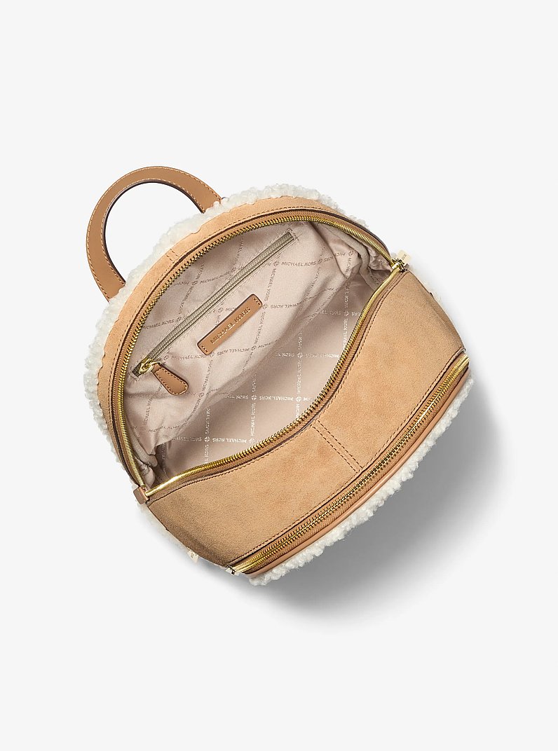 Rhea Medium Suede and Faux Shearling Backpack in PEANUT | Michael Kors