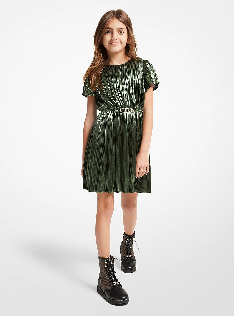 Pleated Lam&eacute; Belted Dress