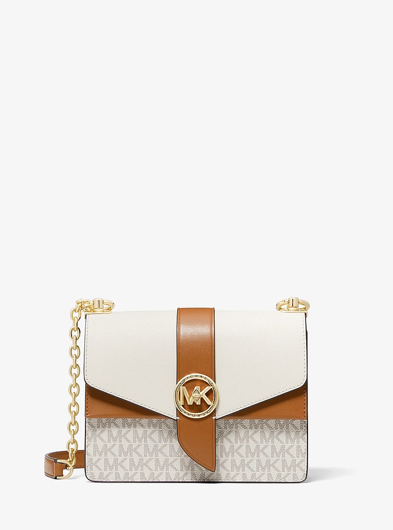 Greenwich Small Color-Block Logo and Saffiano Leather Crossbody Bag in VANILLA/ACORN | Michael Kors