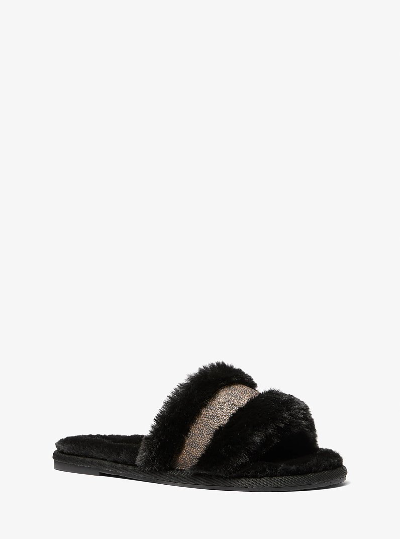 Alexis Faux Fur and Metallic Signature Logo Slide Sandal in BLK/BROWN | Michael Kors