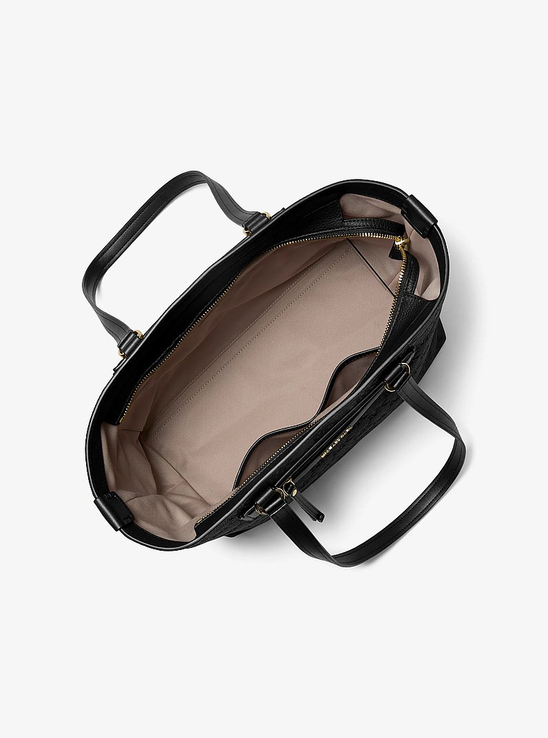 Jet Set Travel Medium Logo Embossed Leather Tote Bag in BLACK | Michael Kors