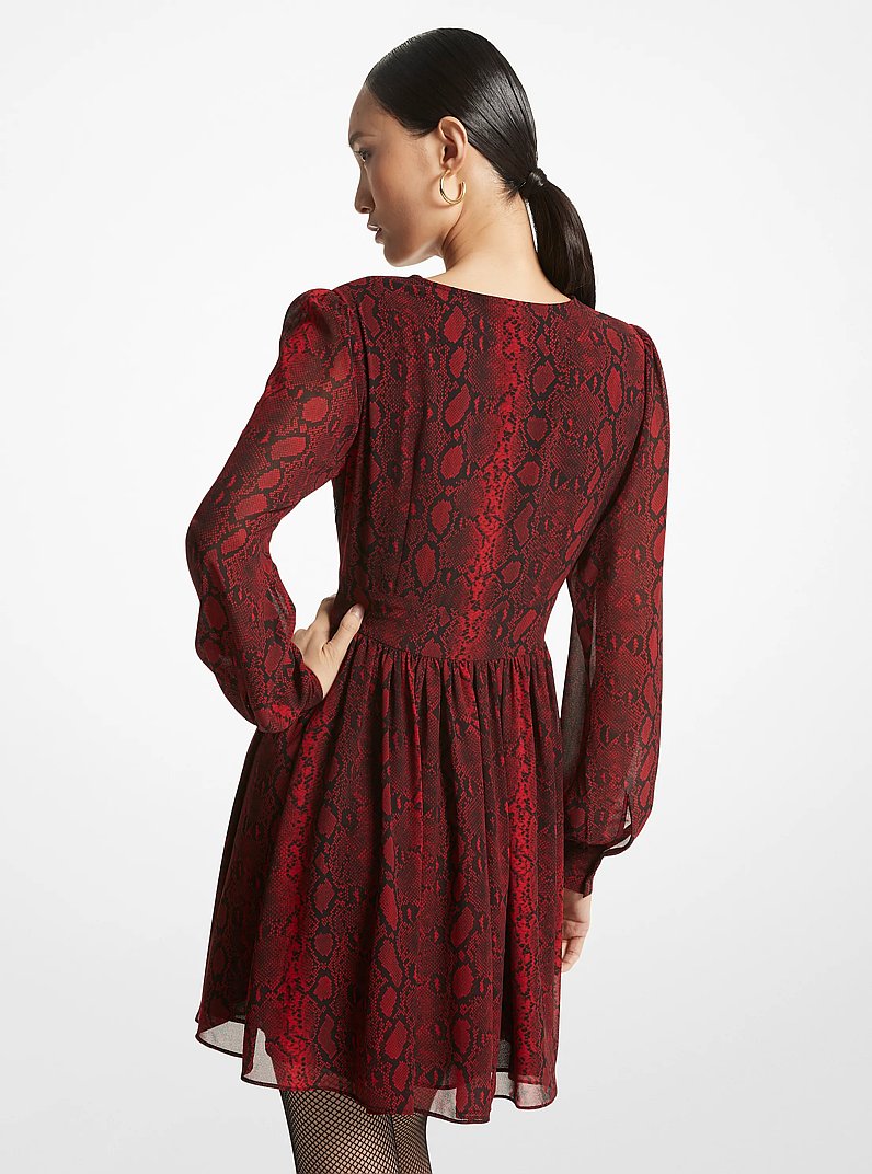 Snake Print Georgette V-Neck Dress in CRIMSON | Michael Kors