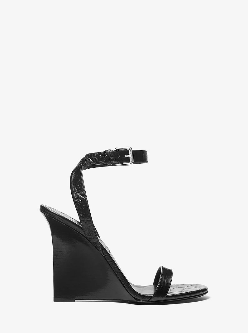 Claudia Crocodile Embossed Leather Wedge Sandal in BLACK | Michael Kors
