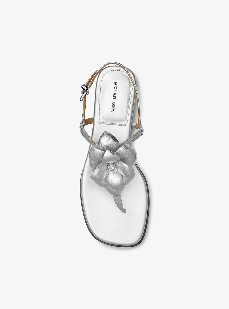 Jacie Floral Embellished Metallic Leather T-Strap Sandal in SILVER | Michael Kors