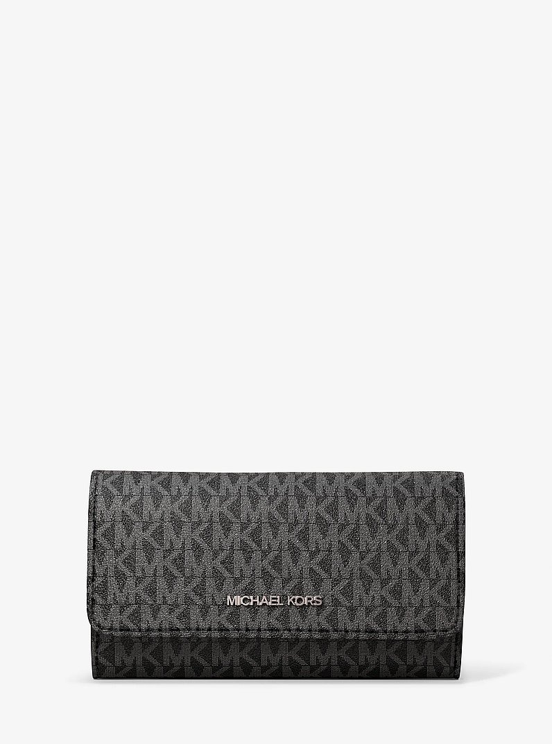 Jet Set Large Signature Logo Tri-Fold Wallet in BLACK | Michael Kors