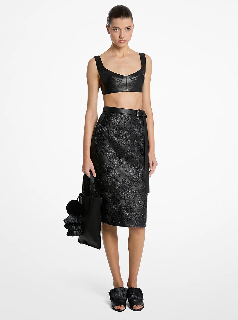 Hand-Embroidered Floral Plong&eacute; Leather Skirt in BLACK | Michael Kors