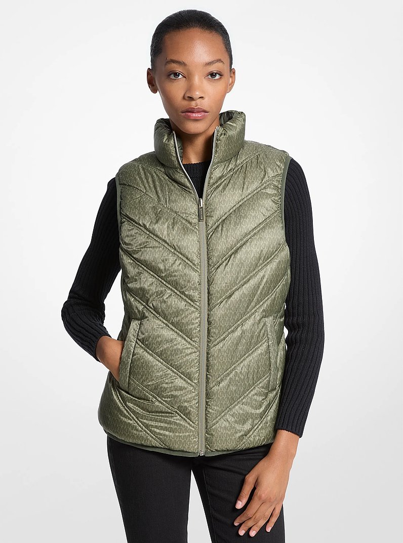 Chevron Quilted Logo Print and Nylon Packable Vest in OLIVE | Michael Kors