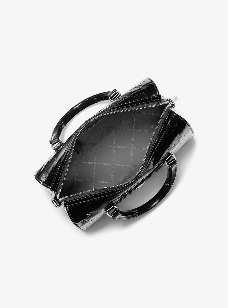 Jet Set Medium Patent Logo Debossed Duffel Crossbody Bag in BLACK | Michael Kors