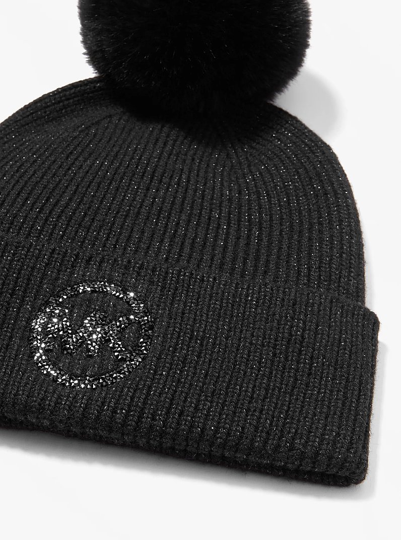 Metallic Knit Beanie Hat and Scarf Set in BLACK | Michael Kors