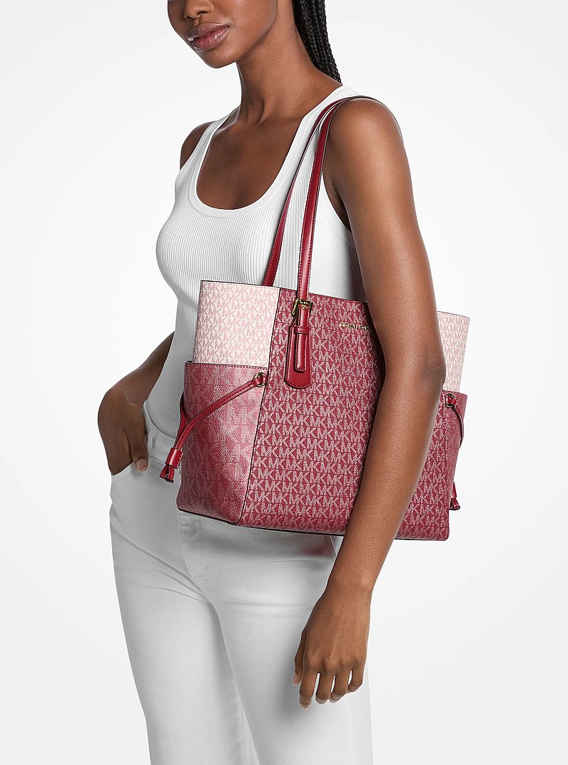 Voyager Large Color-Block Metallic Signature Logo Tote Bag in CHERRY | Michael Kors