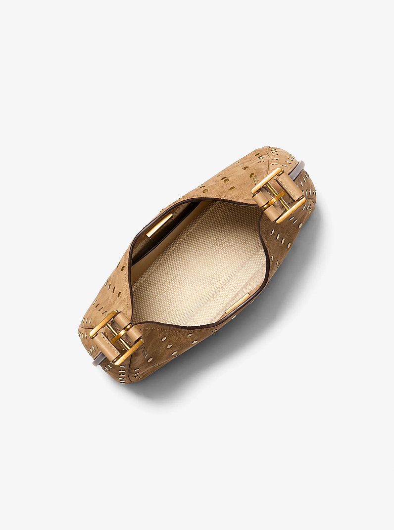 Nolita Small Studded Pebbled Nubuck Hobo Shoulder Bag in HUSK | Michael Kors