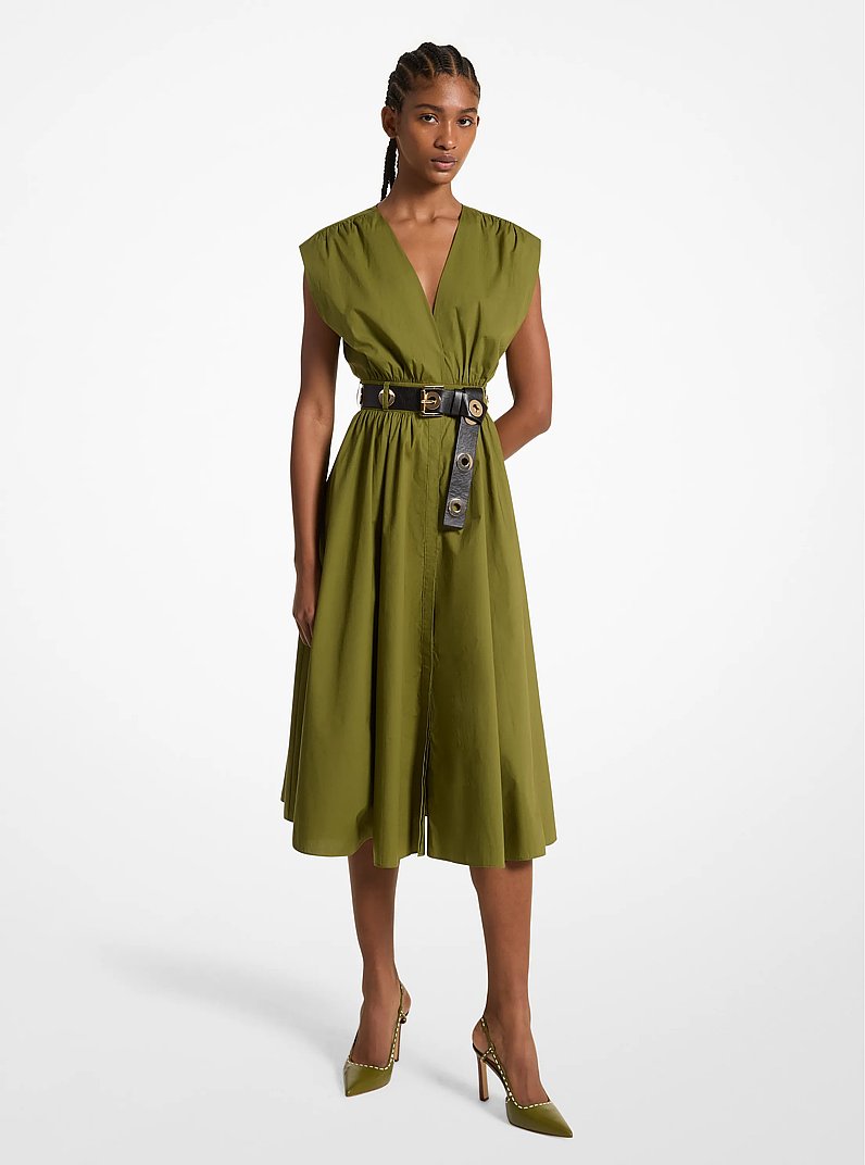 Stretch Organic Cotton Poplin Midi Dress in EVERGREEN | Michael Kors