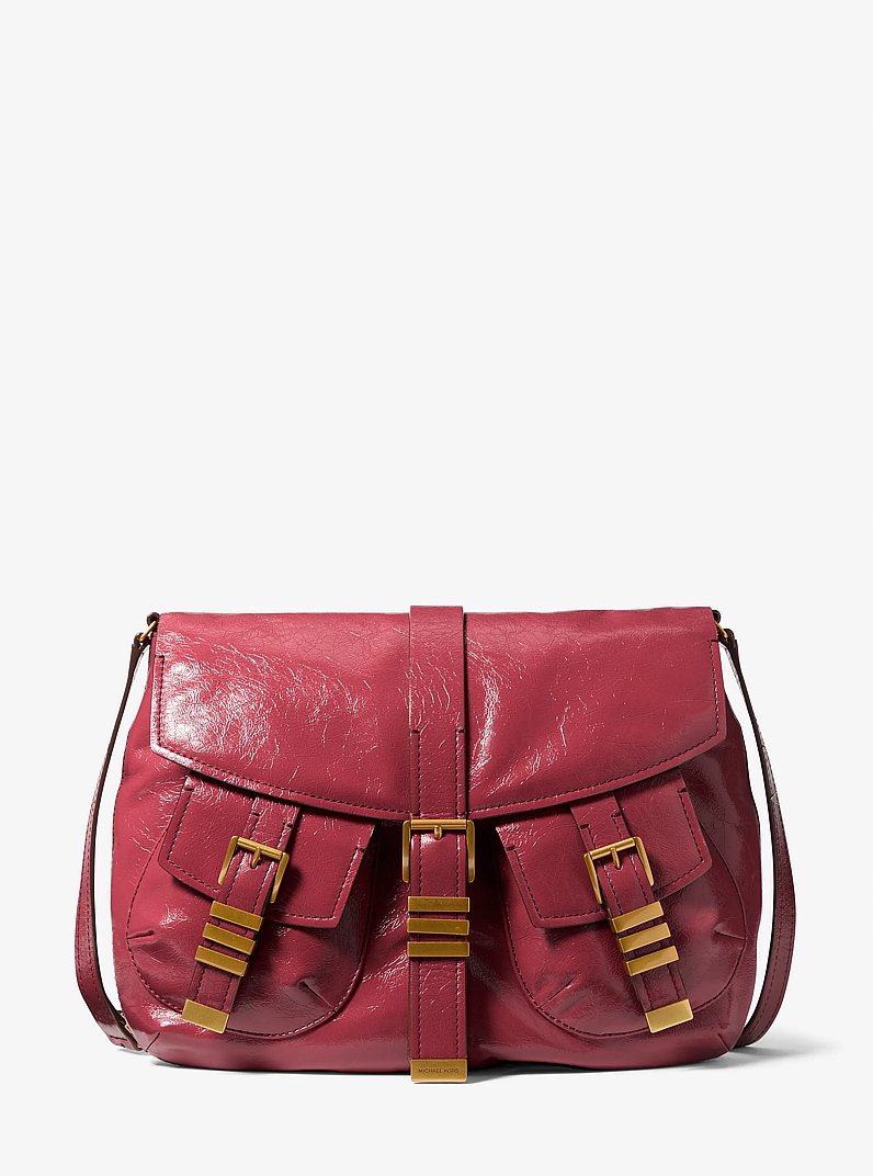Darrington Large Crackled Leather Shoulder Bag in DEEP RED | Michael Kors
