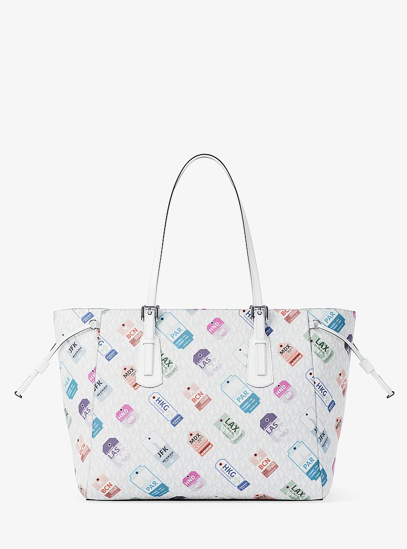 Voyager Large Printed Signature Logo Tote Bag in OPTIC WHITE | Michael Kors