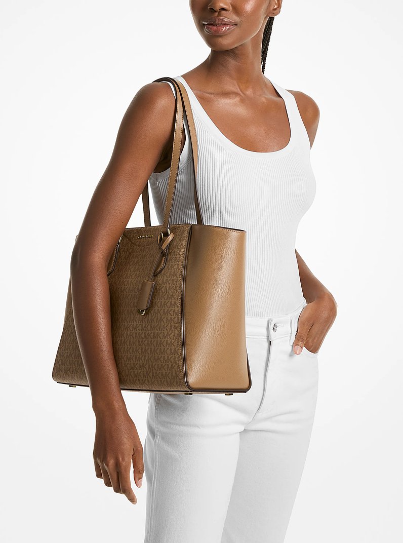 Taryn Large Signature Logo and Leather Tote Bag in HUSK | Michael Kors