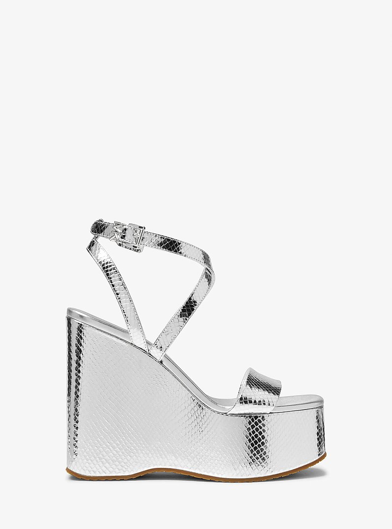 Paola Metallic Snake Embossed Leather Wedge Sandal in SILVER | Michael Kors