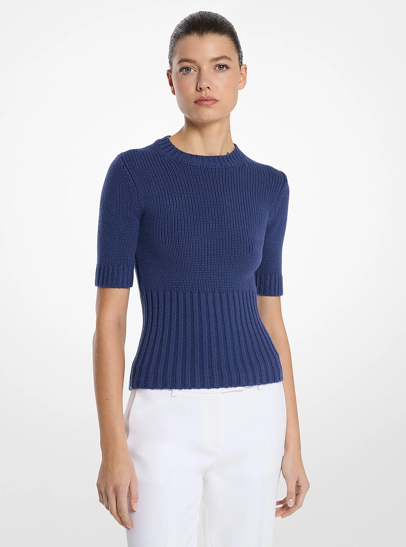 Ribbed Stretch Cashmere Short-Sleeve Sweater in RIVIERA | Michael Kors