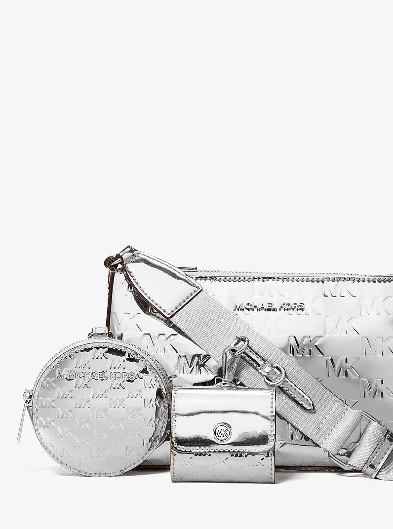 Jet Set Small Patent Logo Debossed Crossbody Bag with Case for Apple Airpods Pro&reg; in SILVER | Michael Kors