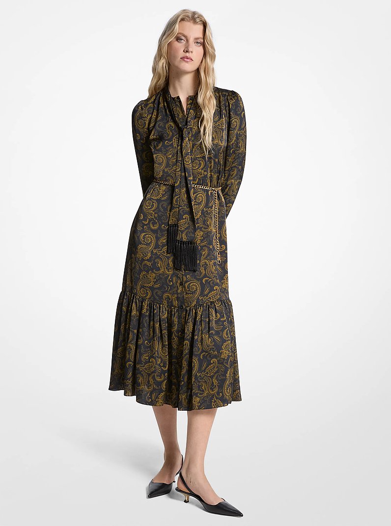 Paisley Print Satin Tie-Neck Midi Dress in IVY | Michael Kors