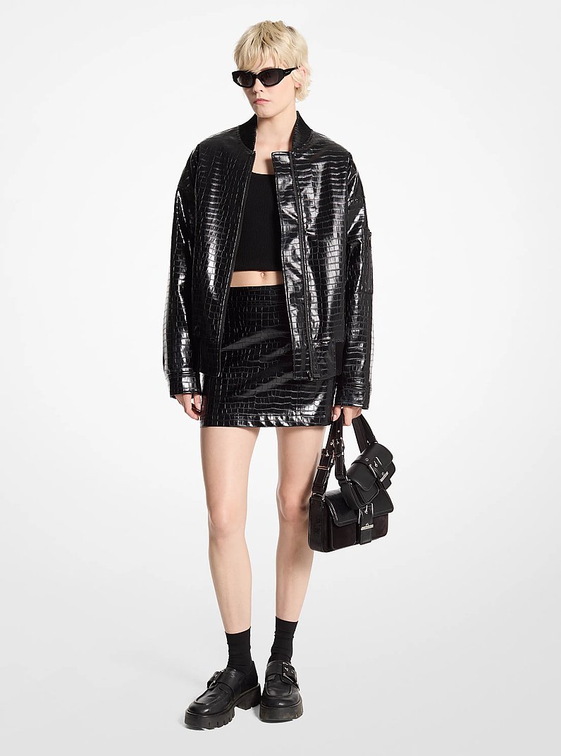 Crocodile Embossed Bomber Jacket in BLACK | Michael Kors