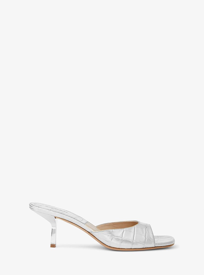 Anita Metallic Crocodile Embossed Leather Sandal in SILVER | Michael Kors
