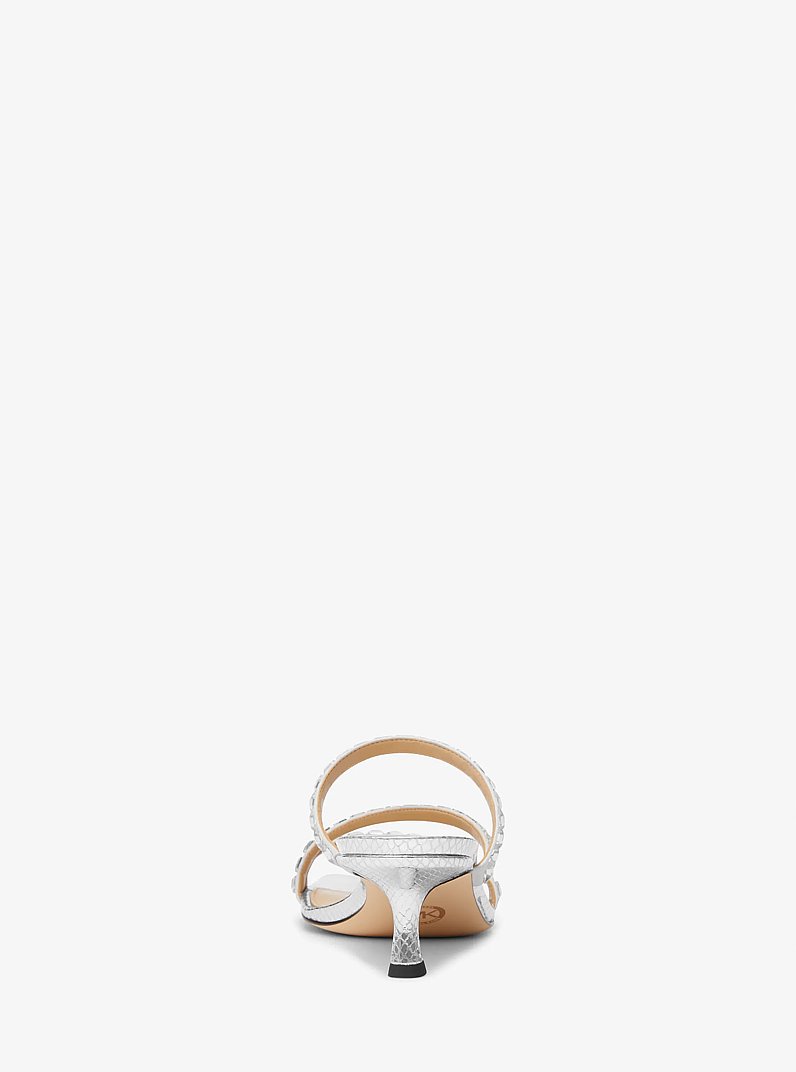 Celia Embellished Metallic Snake Embossed Kitten Sandal in SILVER | Michael Kors