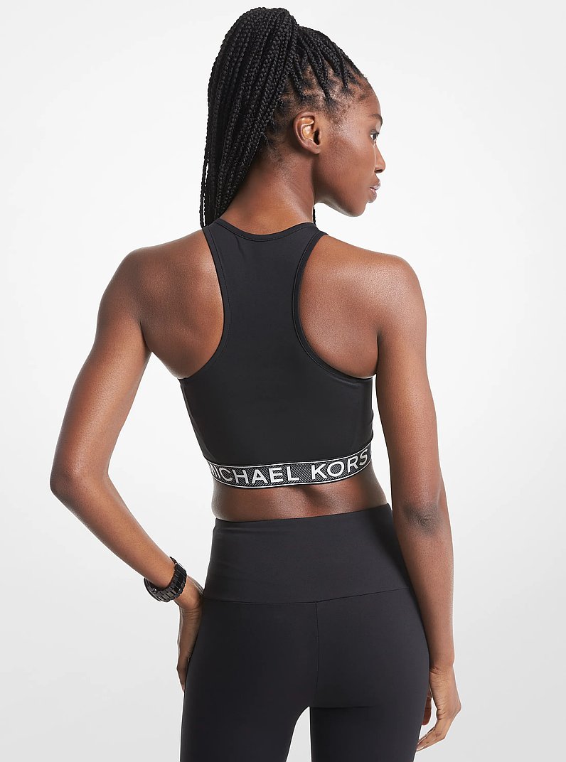Stretch Nylon Logo Tape Racerback Sports Bra in BLACK | Michael Kors