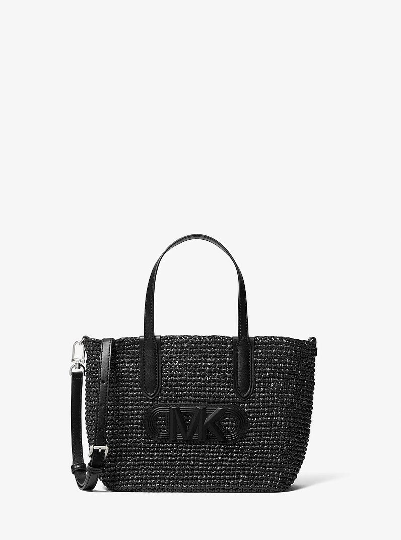 Eliza Extra-Small Empire Logo Straw Tote Bag in BLACK/BLACK | Michael Kors