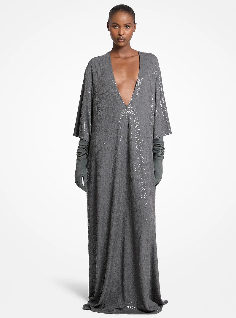 Hand-Embroidered Sequin Stretch Jersey Caftan Gown in GRAPHITE | Michael Kors
