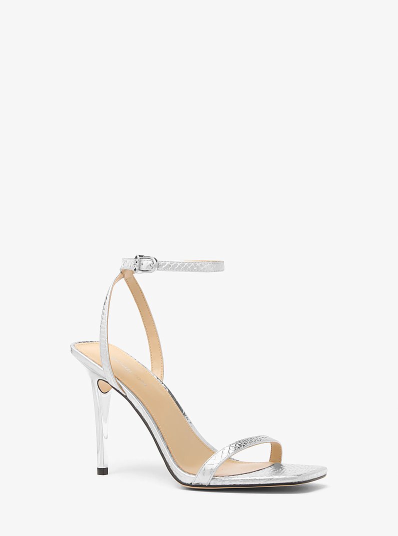 Liana Metallic Snake Embossed Leather Sandal in SILVER | Michael Kors
