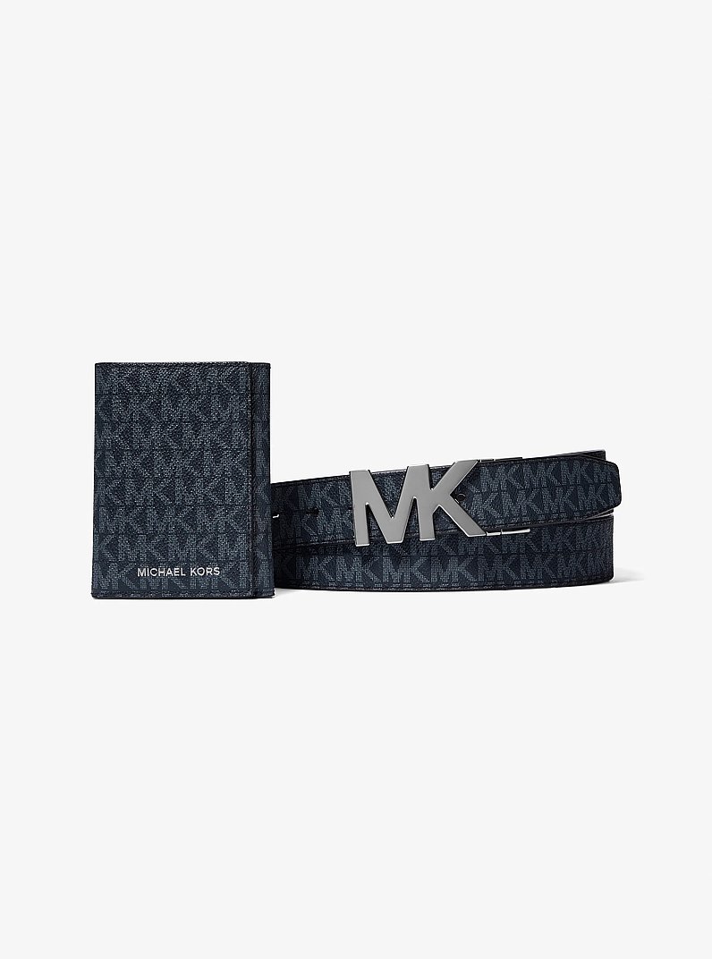 Ensemble-cadeau d&rsquo;&eacute;tui pour cartes &agrave; trois volets et de ceinture &agrave; logo Signature in AMIRAL/BLEU P&Acirc;LE | Michael Kors