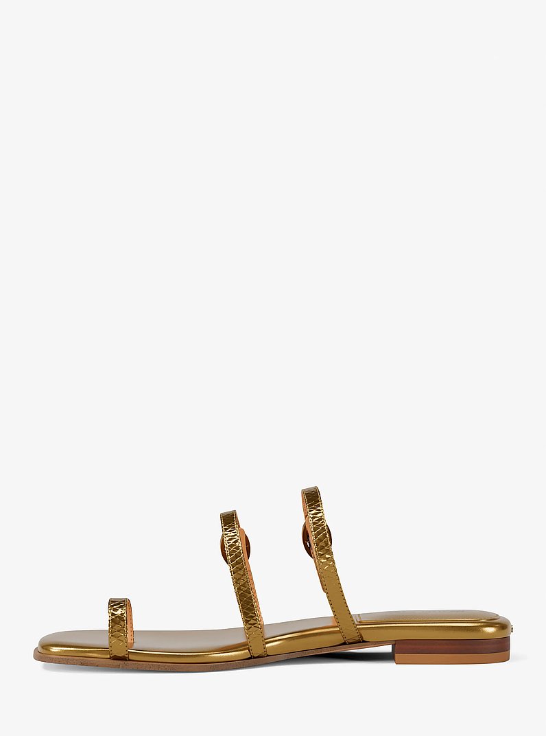 Kya Metallic Snake Embossed Leather Flat Sandal in ANTIQUE GOLD | Michael Kors
