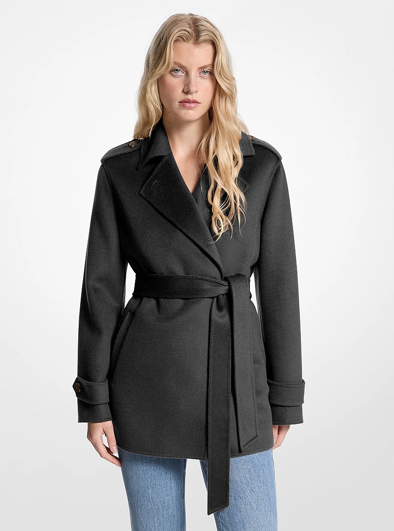 Wool Blend Belted Wrap Coat in BLACK | Michael Kors