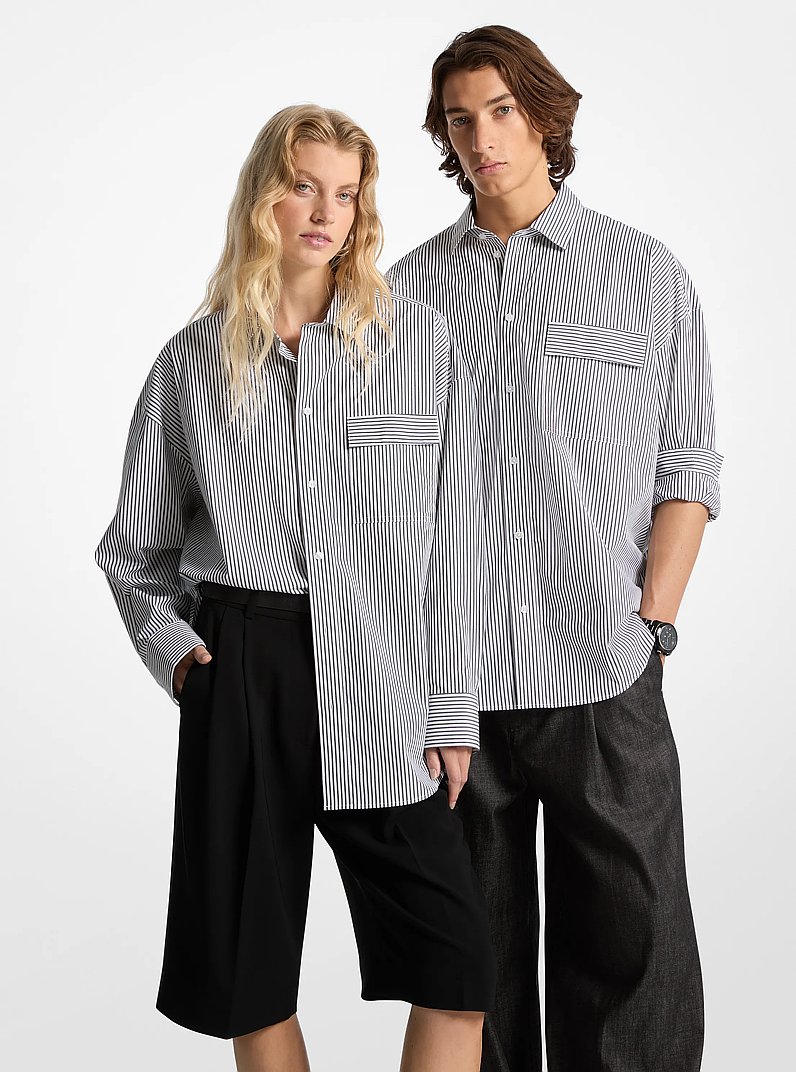 Camicia oversize in popeline di cotone stretch a righe in NERO/BIANCO | Michael Kors