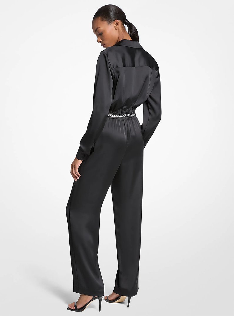 Satin Long Sleeve Belted Jumpsuit in BLACK | Michael Kors