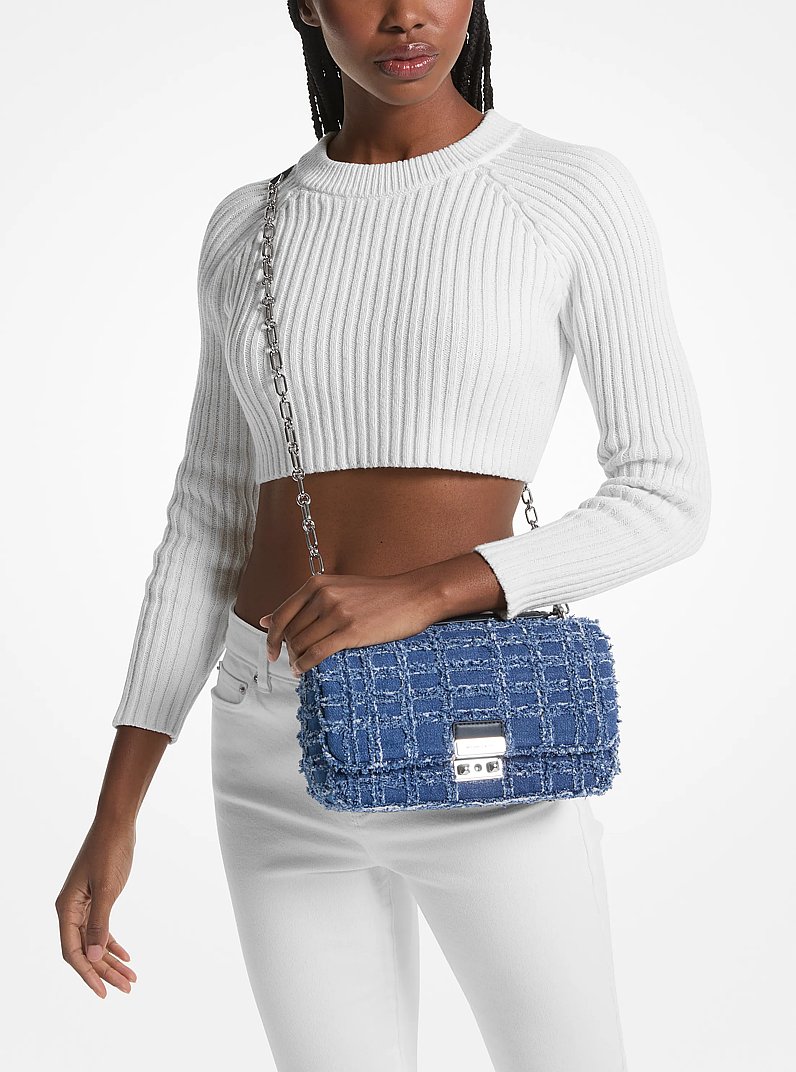 Tribeca Large Frayed Denim Shoulder Bag in DENIM | Michael Kors