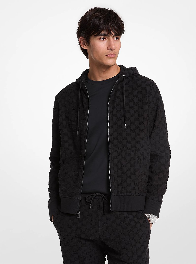 Logo Jacquard Terry Zip-Up Hoodie in BLACK | Michael Kors