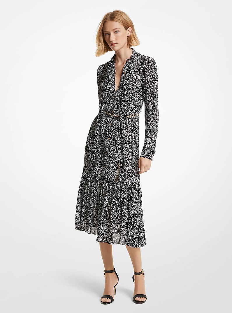 Animal Print Georgette Belted Dress in WHITE | Michael Kors
